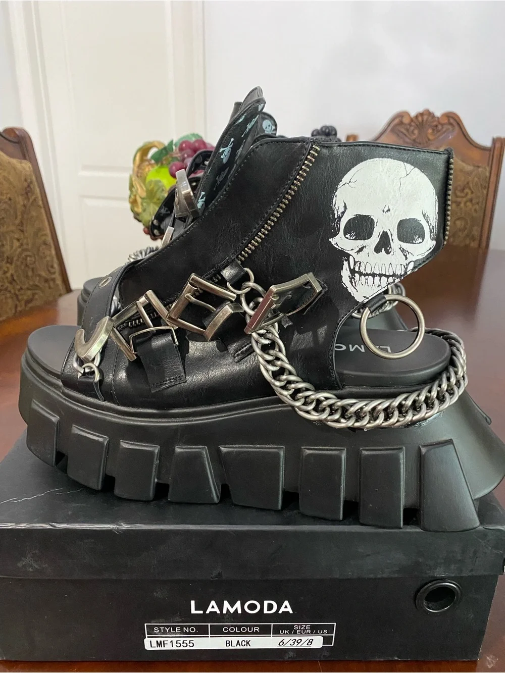 Black Platform Sandals with Skull Accent and Chain Detail